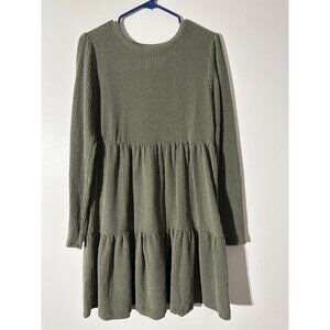 Heimish USA Textured Olive Green Tiered Long Sleeve Babydoll Dress S